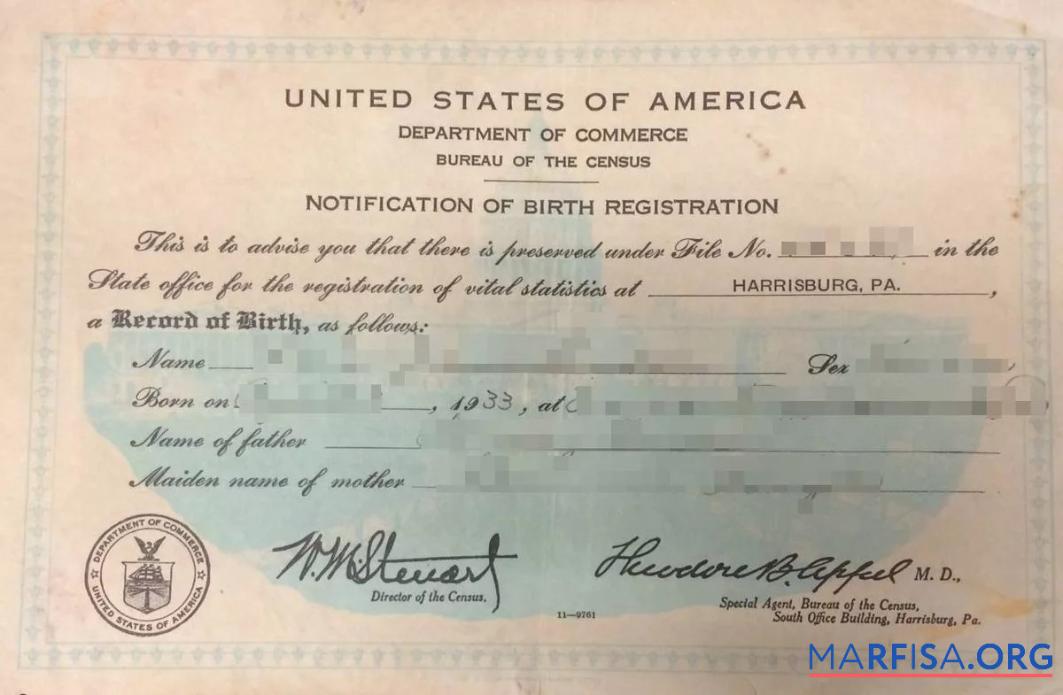 Printable United States Department of commerce birth certificate real example